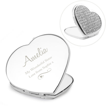 Personalised Swirls & Hearts Diamante Heart Compact Mirror - Personalise It!