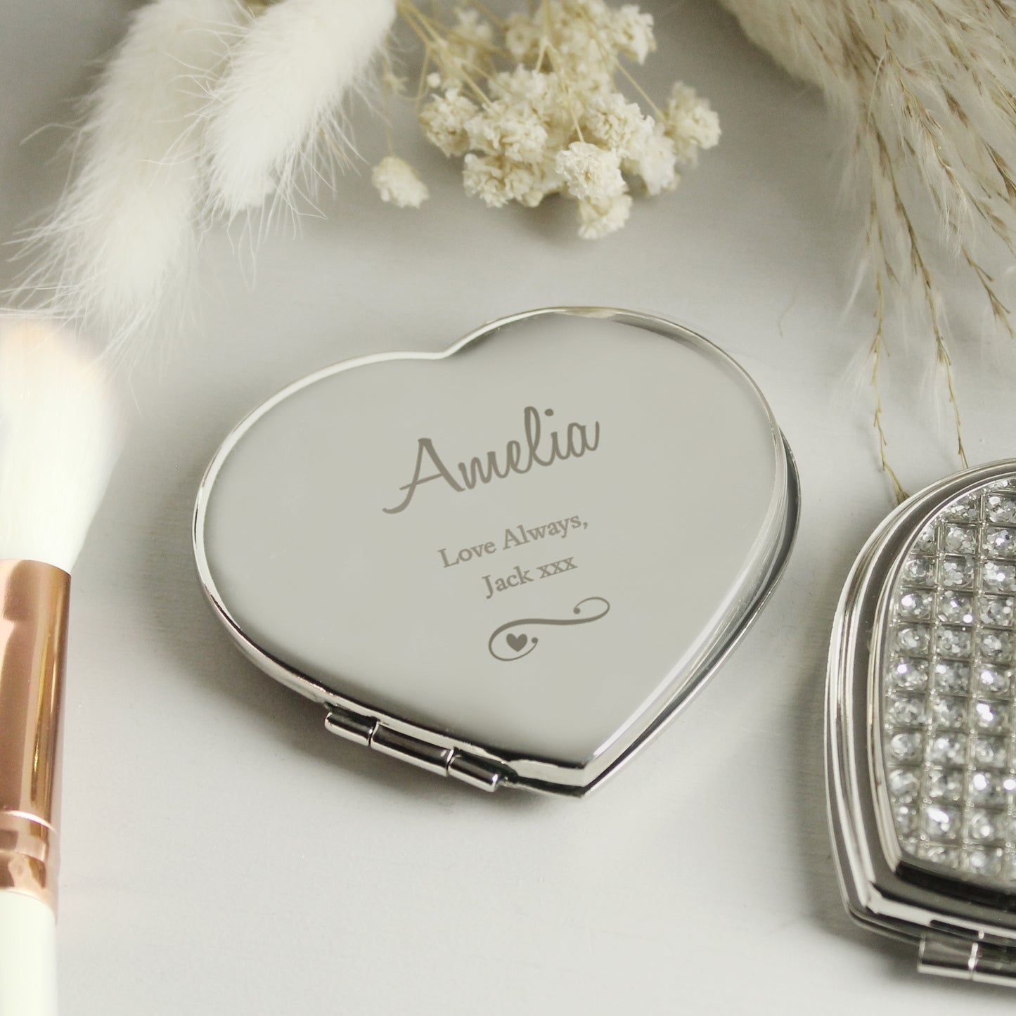 Personalised Swirls & Hearts Diamante Heart Compact Mirror - Personalise It!