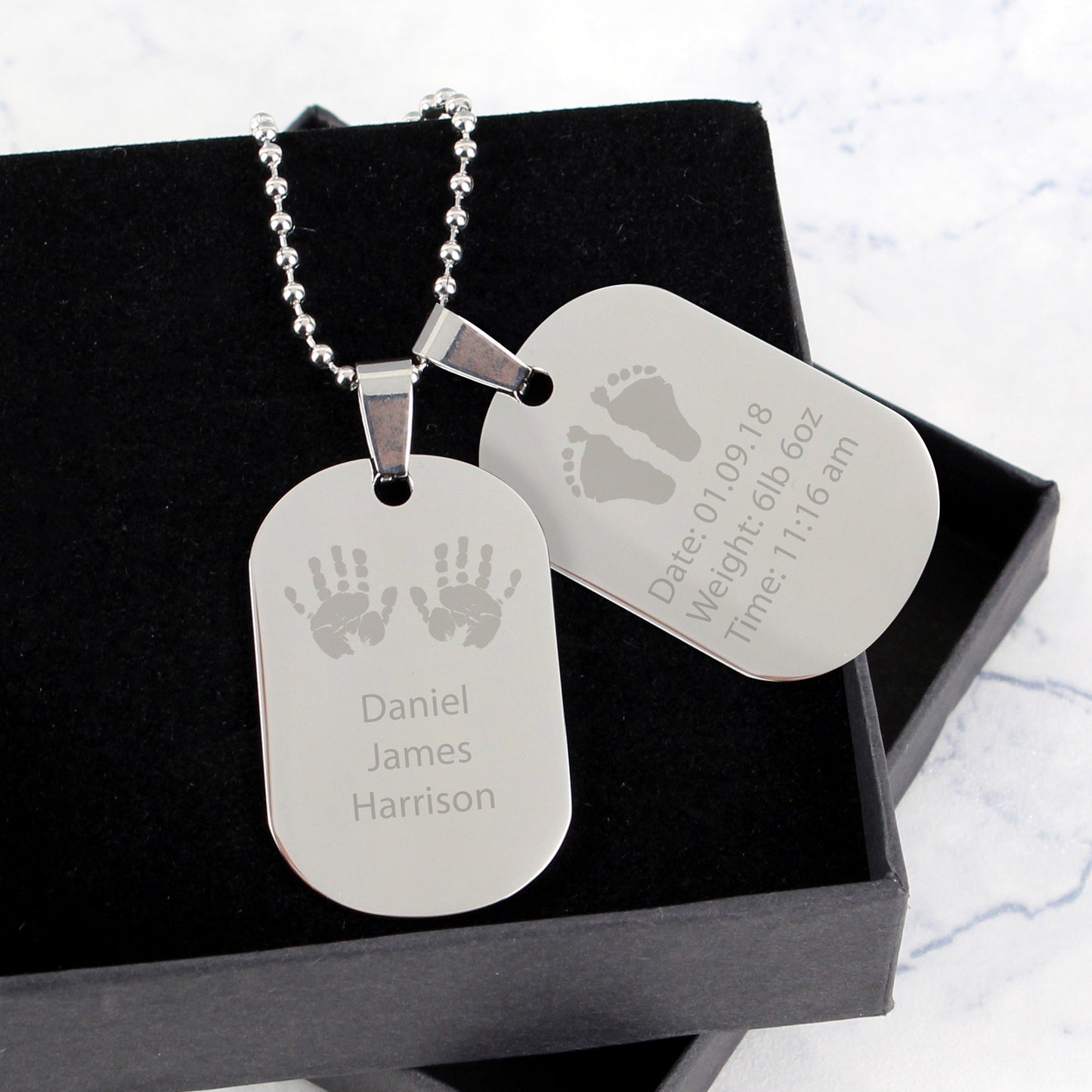 Personalised Hands and Feet New Baby Stainless Steel Double Dog Tag Necklace - Personalise It!