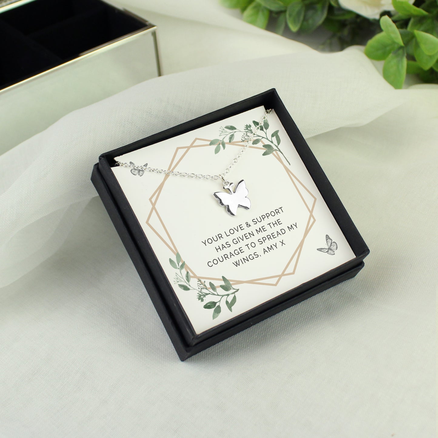 Personalised Botanical Sentiment Butterfly  Necklace and Box - Personalise It!