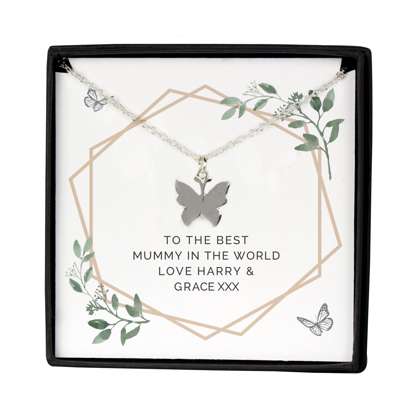 Personalised Botanical Sentiment Butterfly  Necklace and Box - Personalise It!