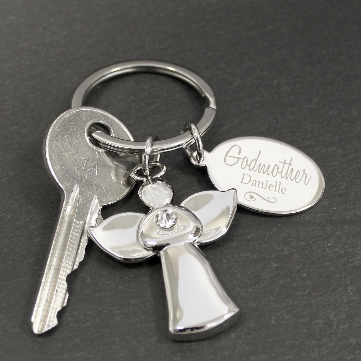 Personalised Silver Plated Swirls & Hearts Godmother Angel Keyring - Personalise It!