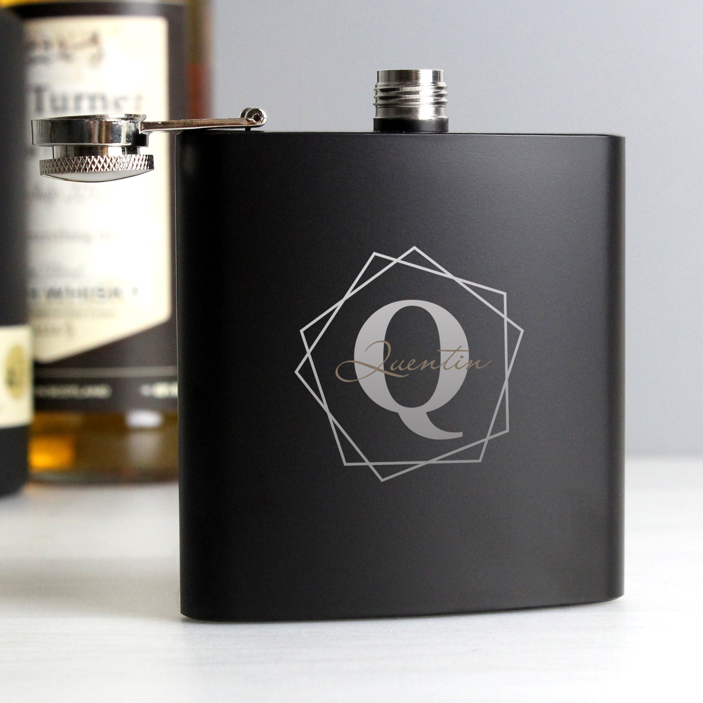 Personalised Geometric Initial Black Hip Flask - Personalise It!
