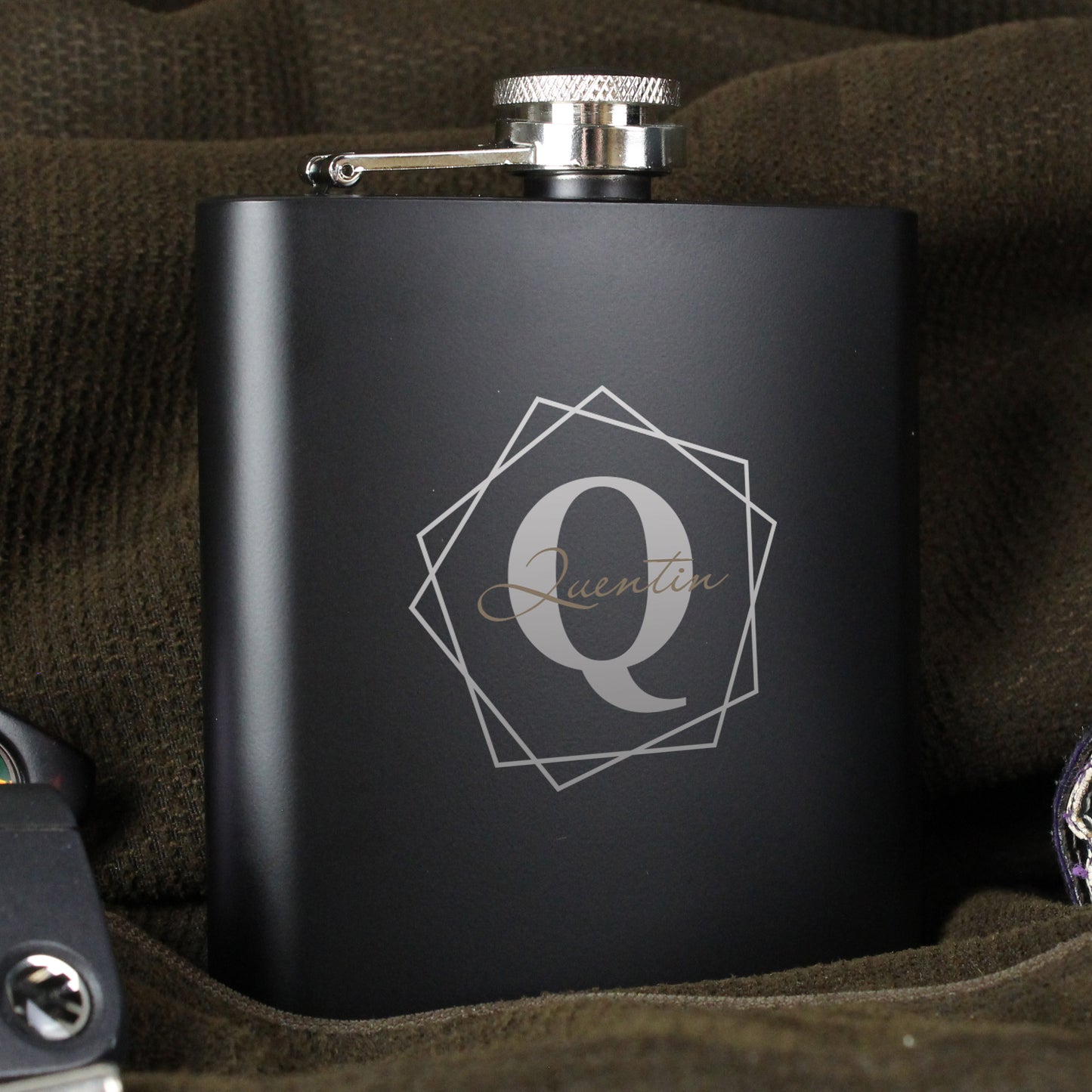 Personalised Geometric Initial Black Hip Flask - Personalise It!