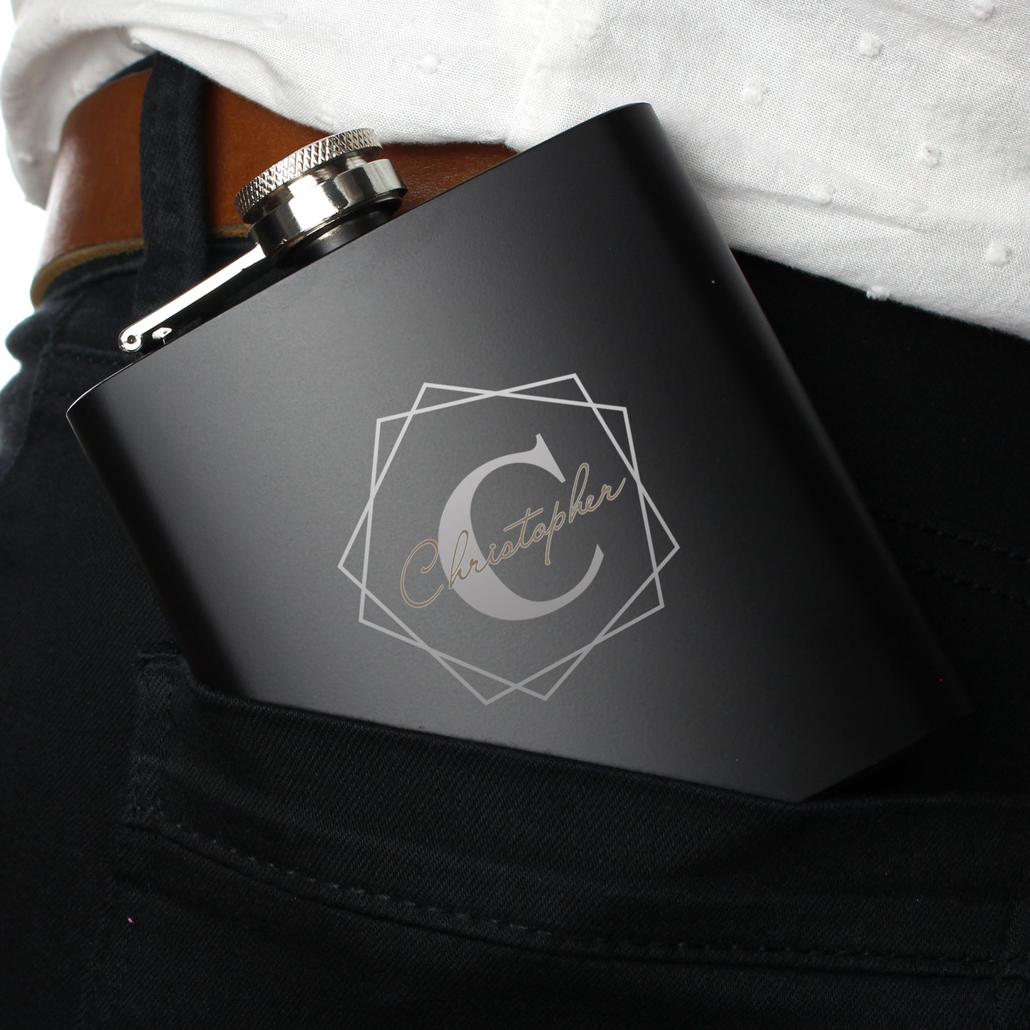 Personalised Geometric Initial Black Hip Flask - Personalise It!