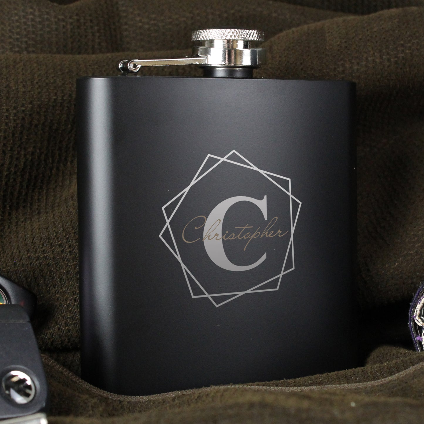 Personalised Geometric Initial Black Hip Flask - Personalise It!