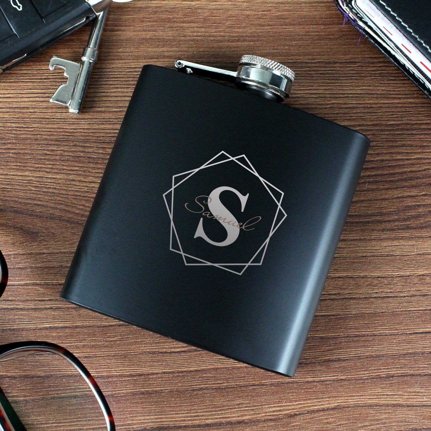 Personalised Geometric Initial Black Hip Flask - Personalise It!