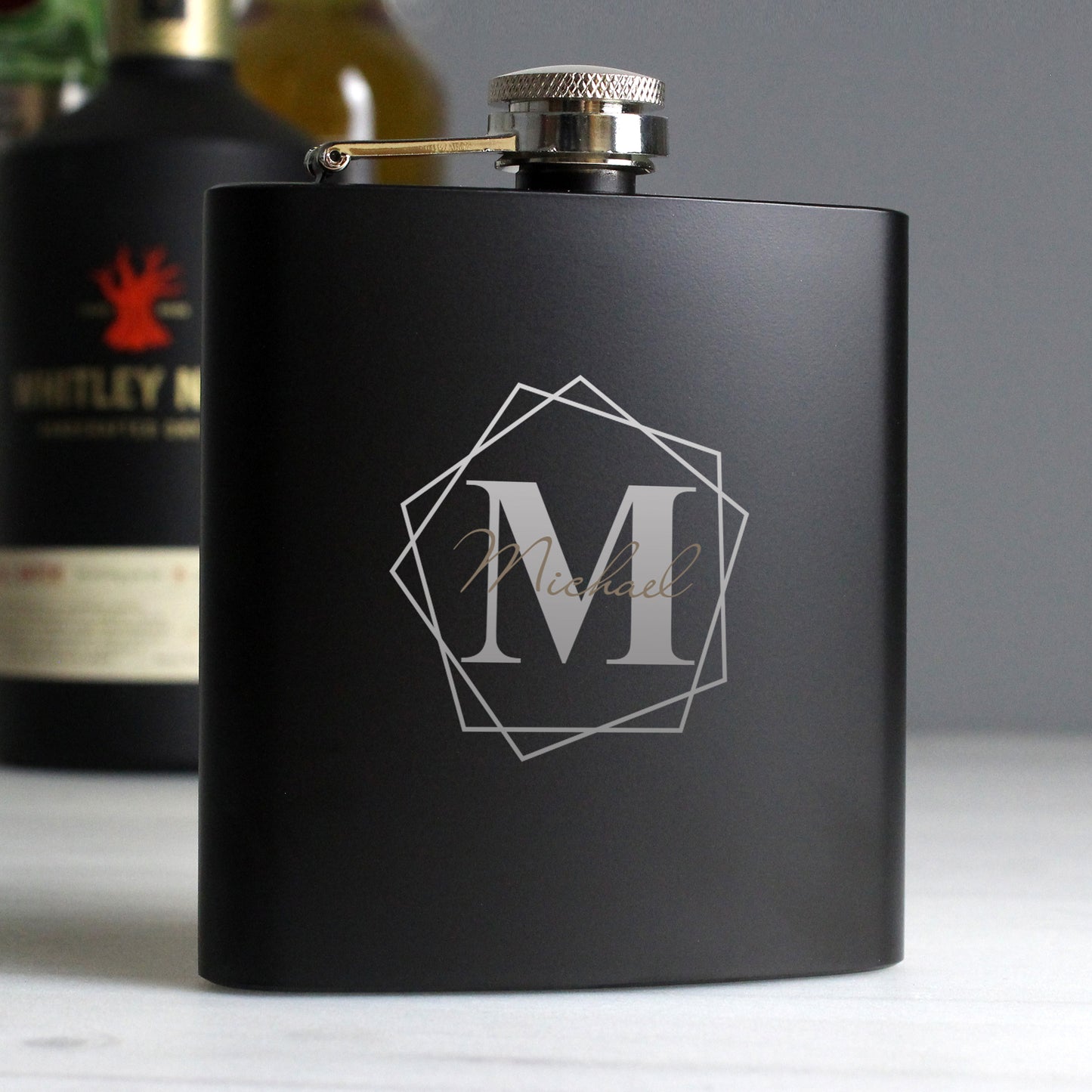 Personalised Geometric Initial Black Hip Flask - Personalise It!