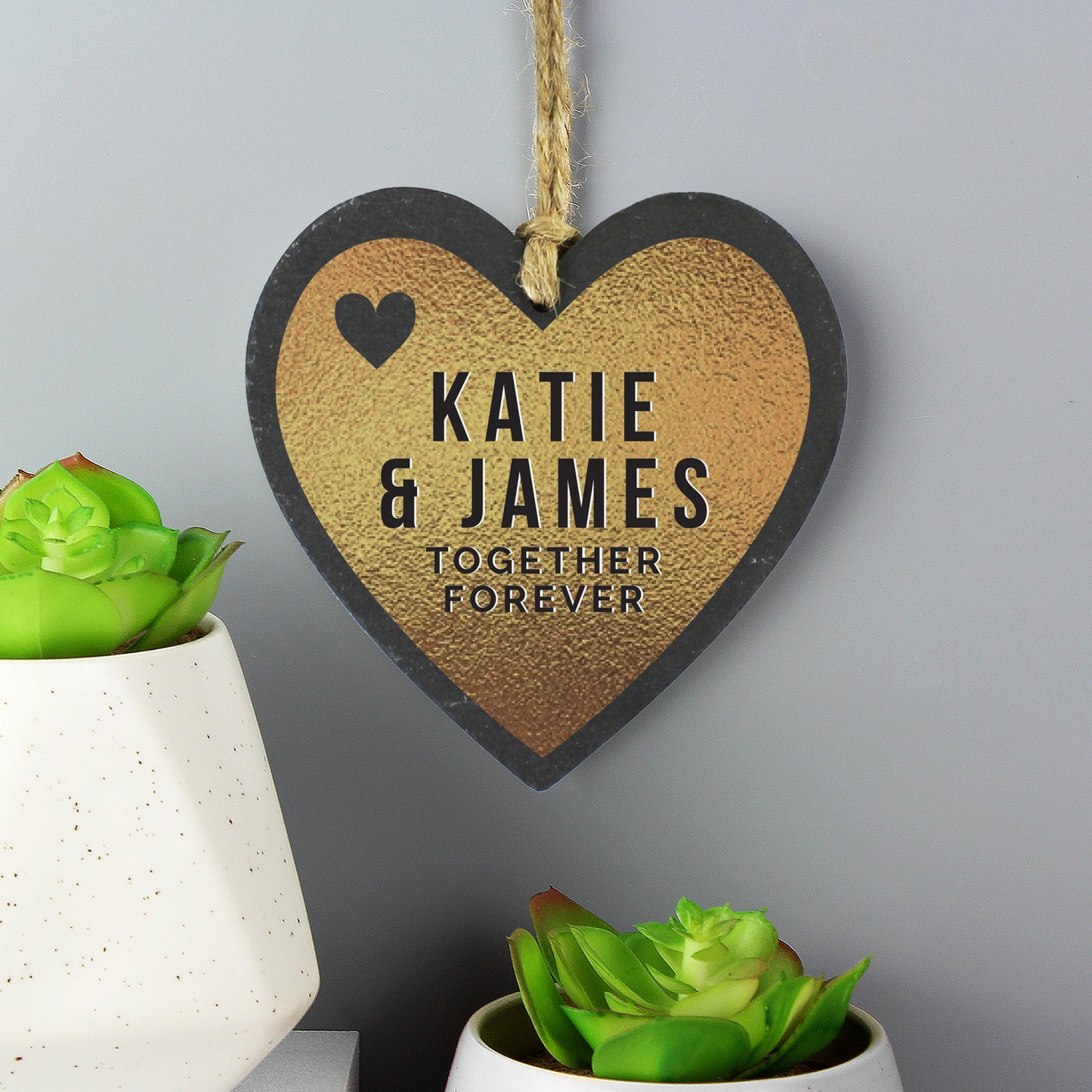 Personalised Couples Gold Printed Slate Heart Decoration - Personalise It!