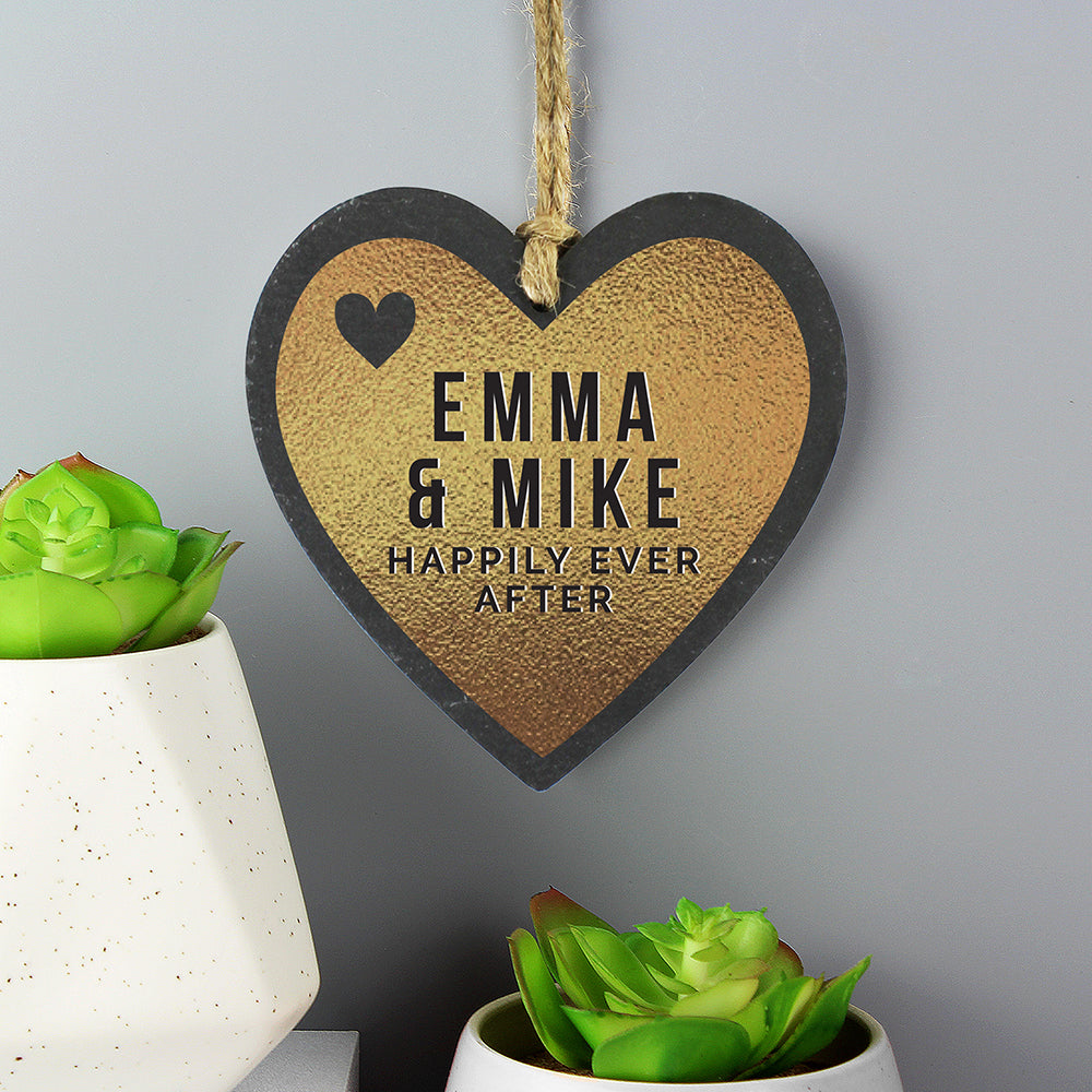 Personalised Couples Gold Printed Slate Heart Decoration - Personalise It!