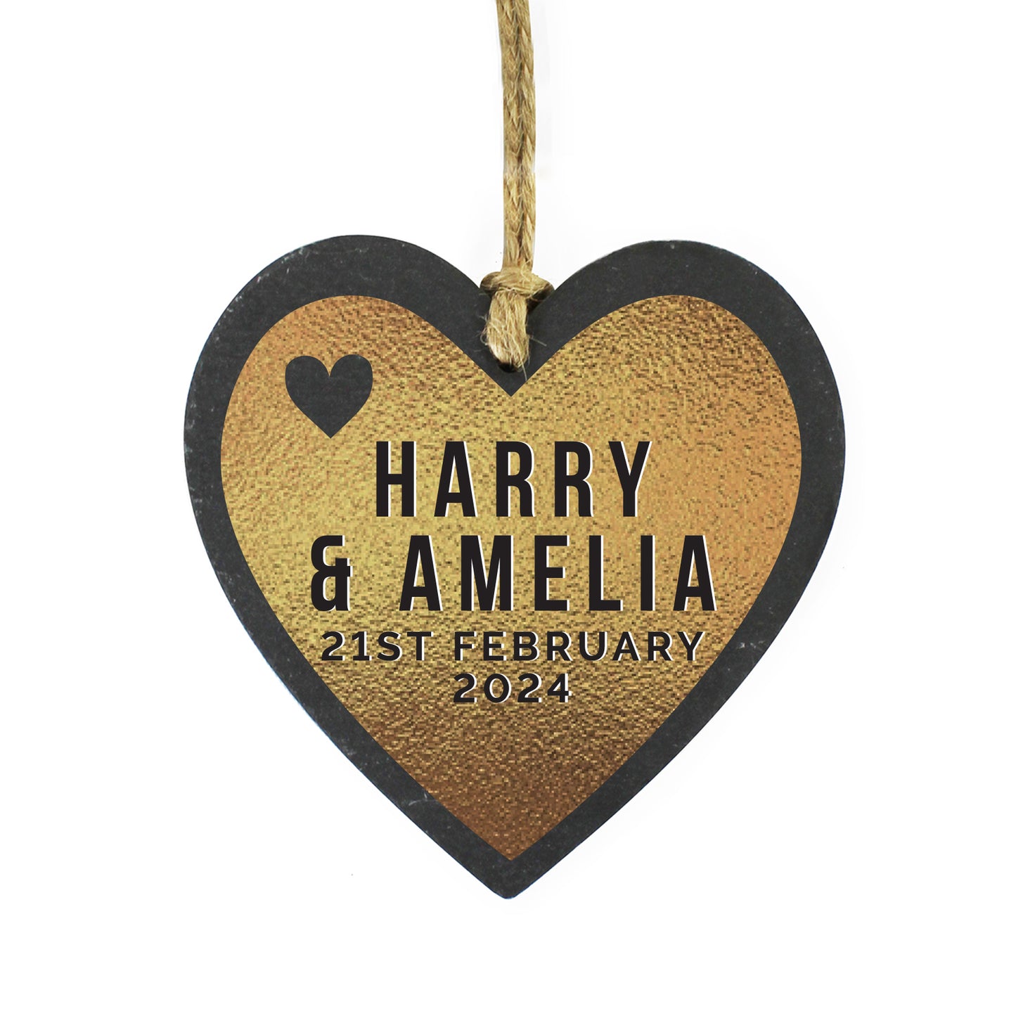 Personalised Couples Gold Printed Slate Heart Decoration - Personalise It!