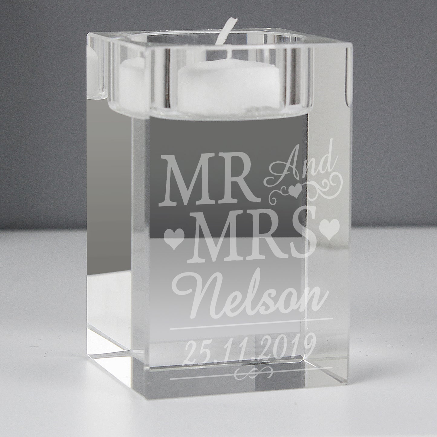 Personalised Mr & Mrs Glass Tea Light Candle Holder - Personalise It!