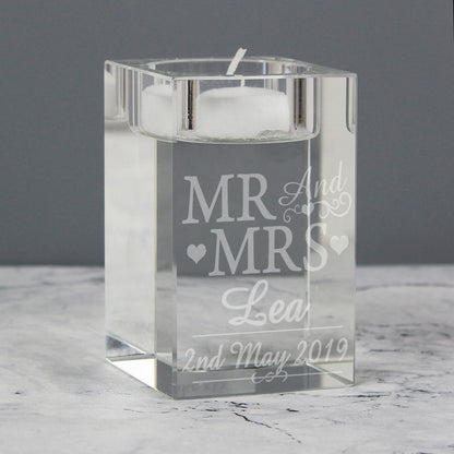 Personalised Mr & Mrs Glass Tea Light Candle Holder - Personalise It!
