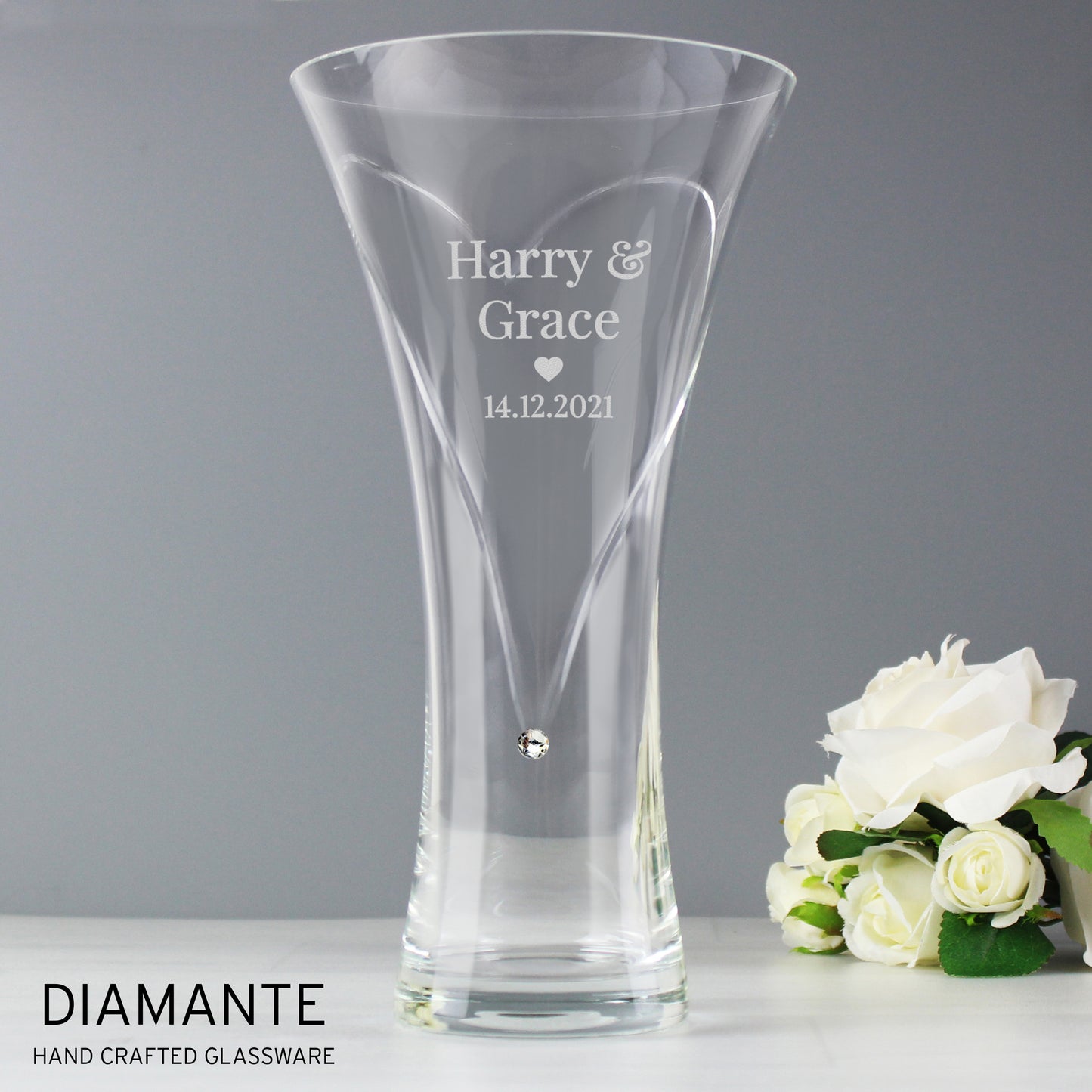 Personalised Mr & Mrs Large Hand Cut Diamante Heart Vase with Swarovski Elements - Personalise It!