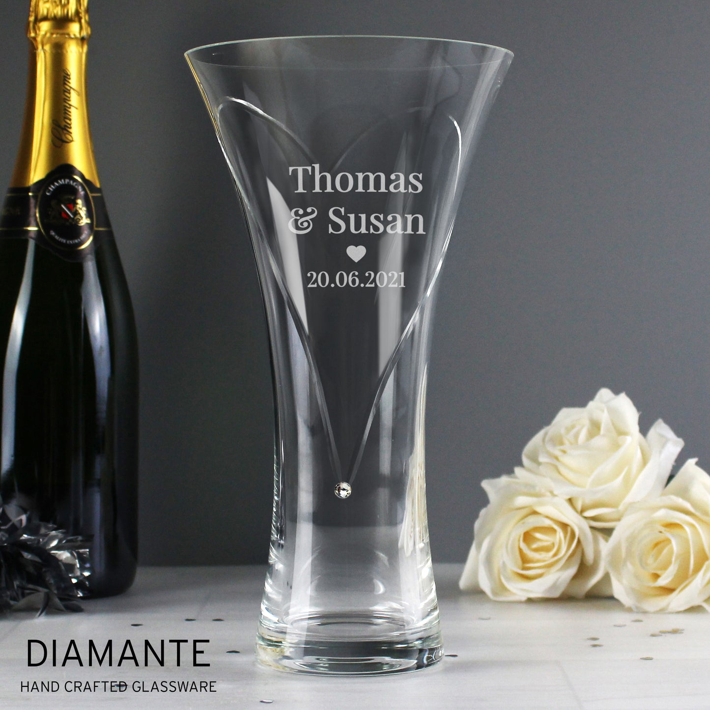 Personalised Mr & Mrs Large Hand Cut Diamante Heart Vase with Swarovski Elements - Personalise It!