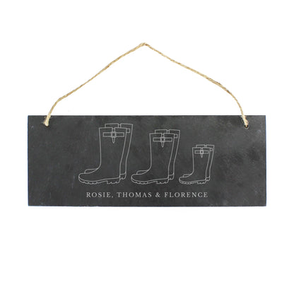 Personalised Welly Boot Family of Three Hanging Slate Plaque - Personalise It!