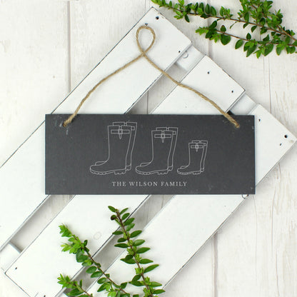 Personalised Welly Boot Family of Three Hanging Slate Plaque - Personalise It!