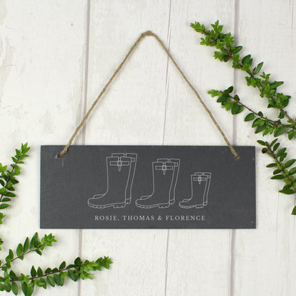 Personalised Welly Boot Family of Three Hanging Slate Plaque - Personalise It!