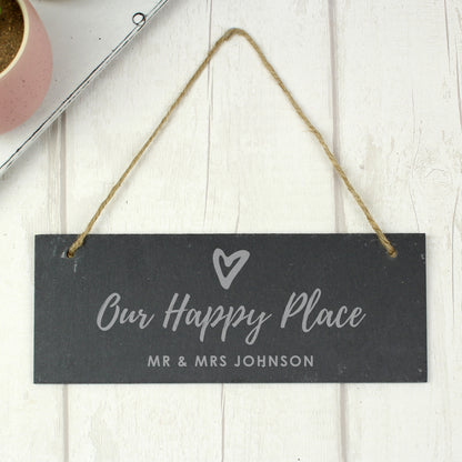 Personalised Our Happy Place Hanging Slate Plaque - Personalise It!