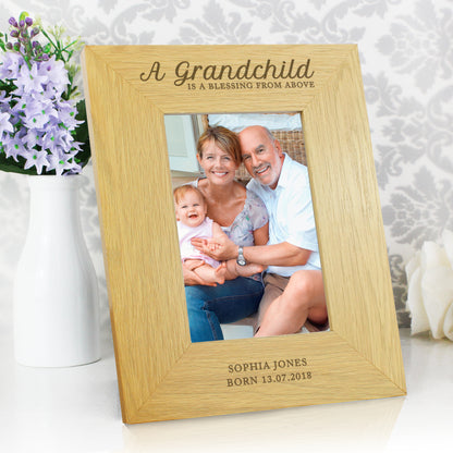 Personalised ""A Grandchild Is A Blessing"" 4x6 Oak Finish Photo Frame - Personalise It!