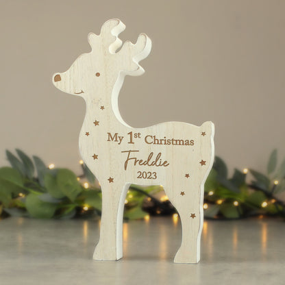 Personalised '1st Christmas' Rustic Wooden Reindeer Decoration - Personalise It!