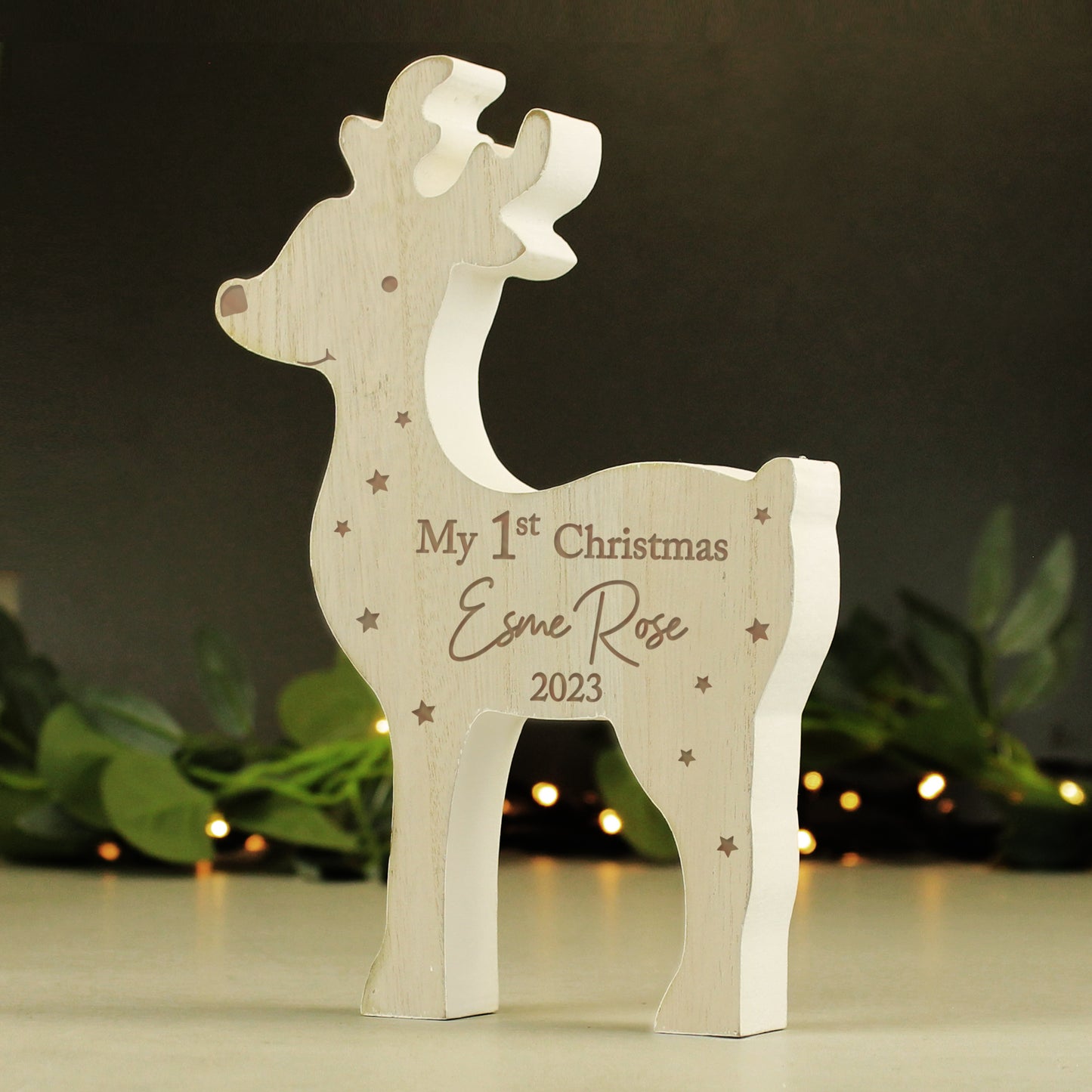 Personalised '1st Christmas' Rustic Wooden Reindeer Decoration - Personalise It!