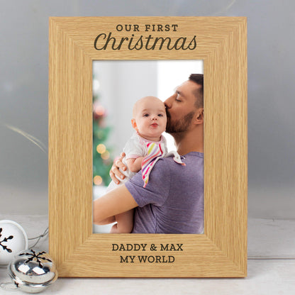 Personalised 'Our First Christmas' 4x6 Oak Finish Photo Frame - Personalise It!