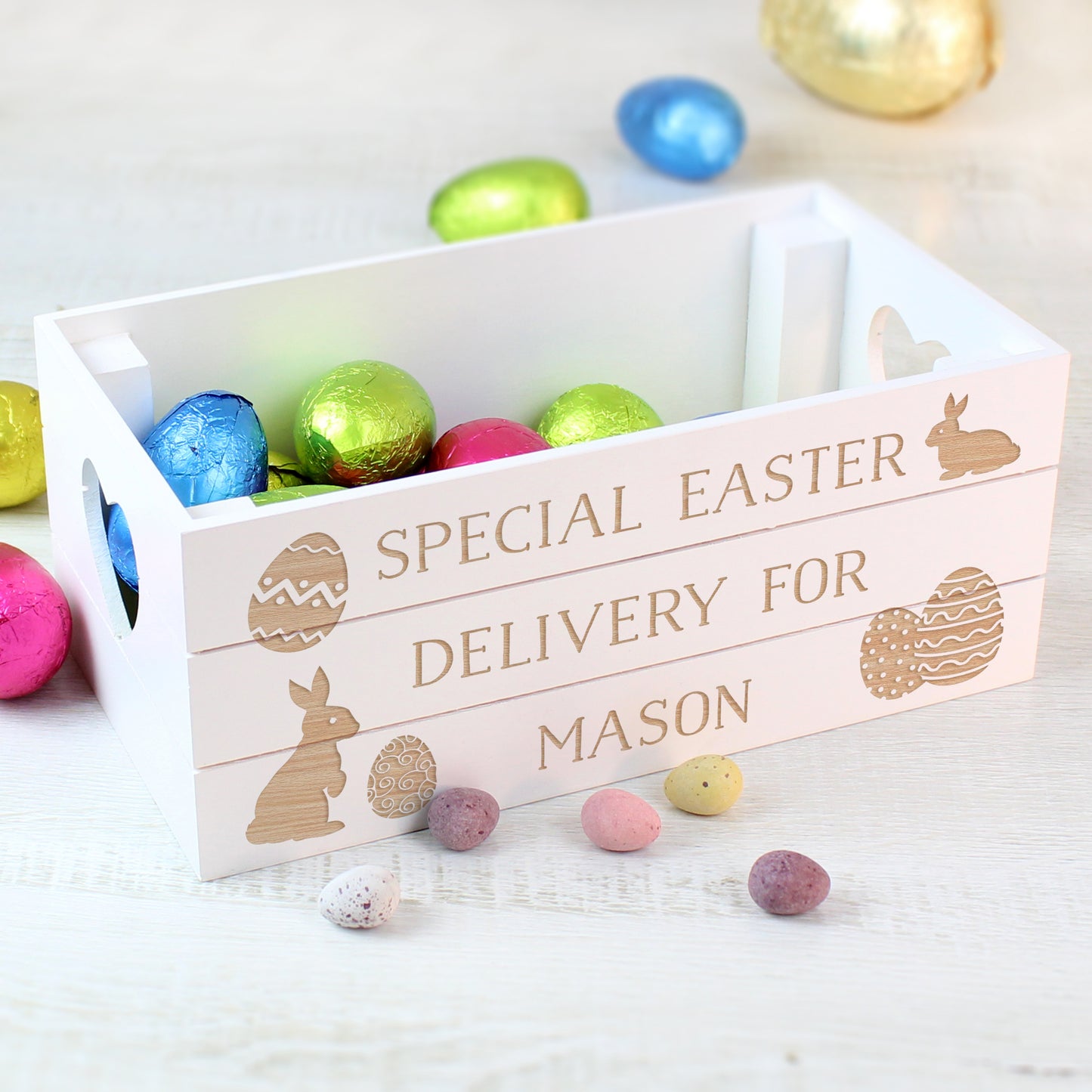 Personalised Easter Bunny White Wooden Crate - Personalise It!