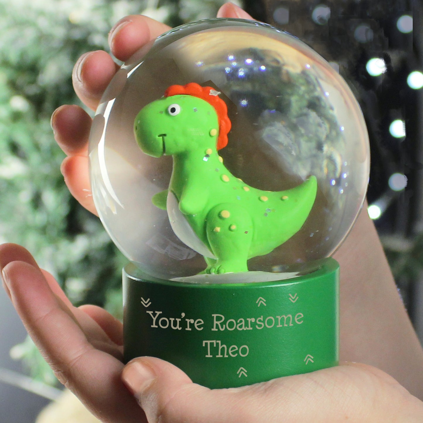 Personalised Message Dinosaur Glitter Snow Globe - Personalise It!