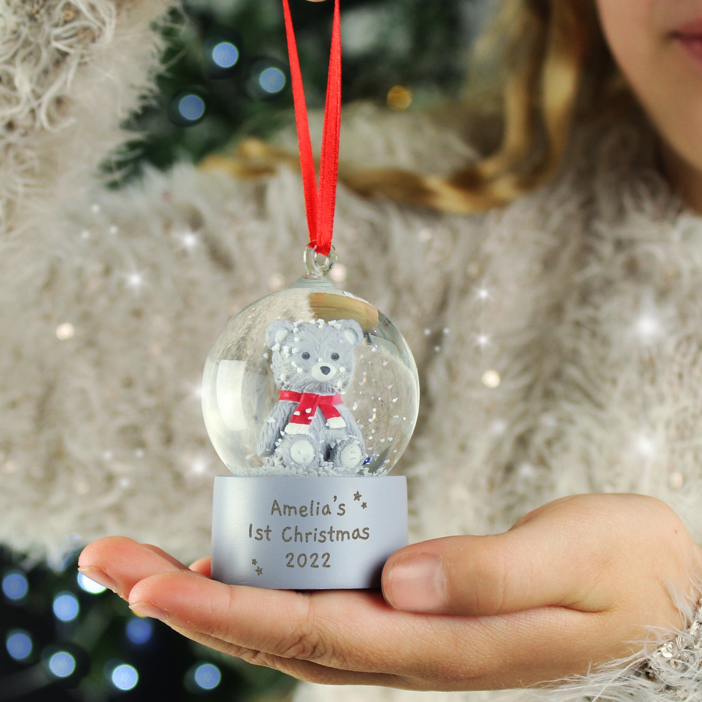 Personalised Message Teddy Bear Glitter Snow Globe Tree Decoration - Personalise It!