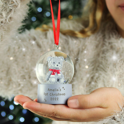 Personalised Message Teddy Bear Glitter Snow Globe Tree Decoration - Personalise It!