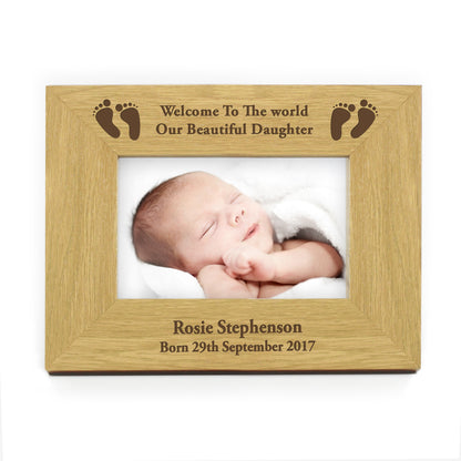 Personalised Oak Finish 6x4 Landscape Baby Footprints Photo Frame - Personalise It!