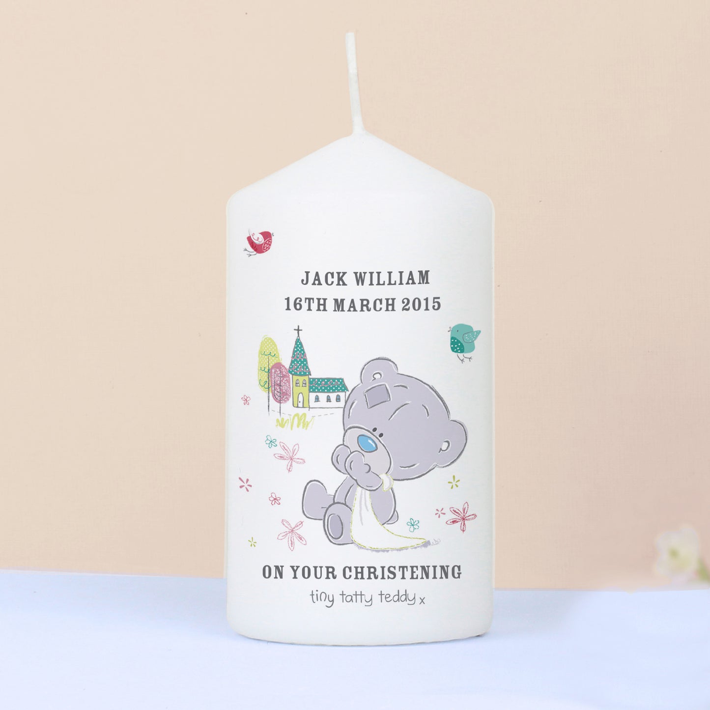 Personalised Tiny Tatty Teddy Christening Candle - Personalise It!