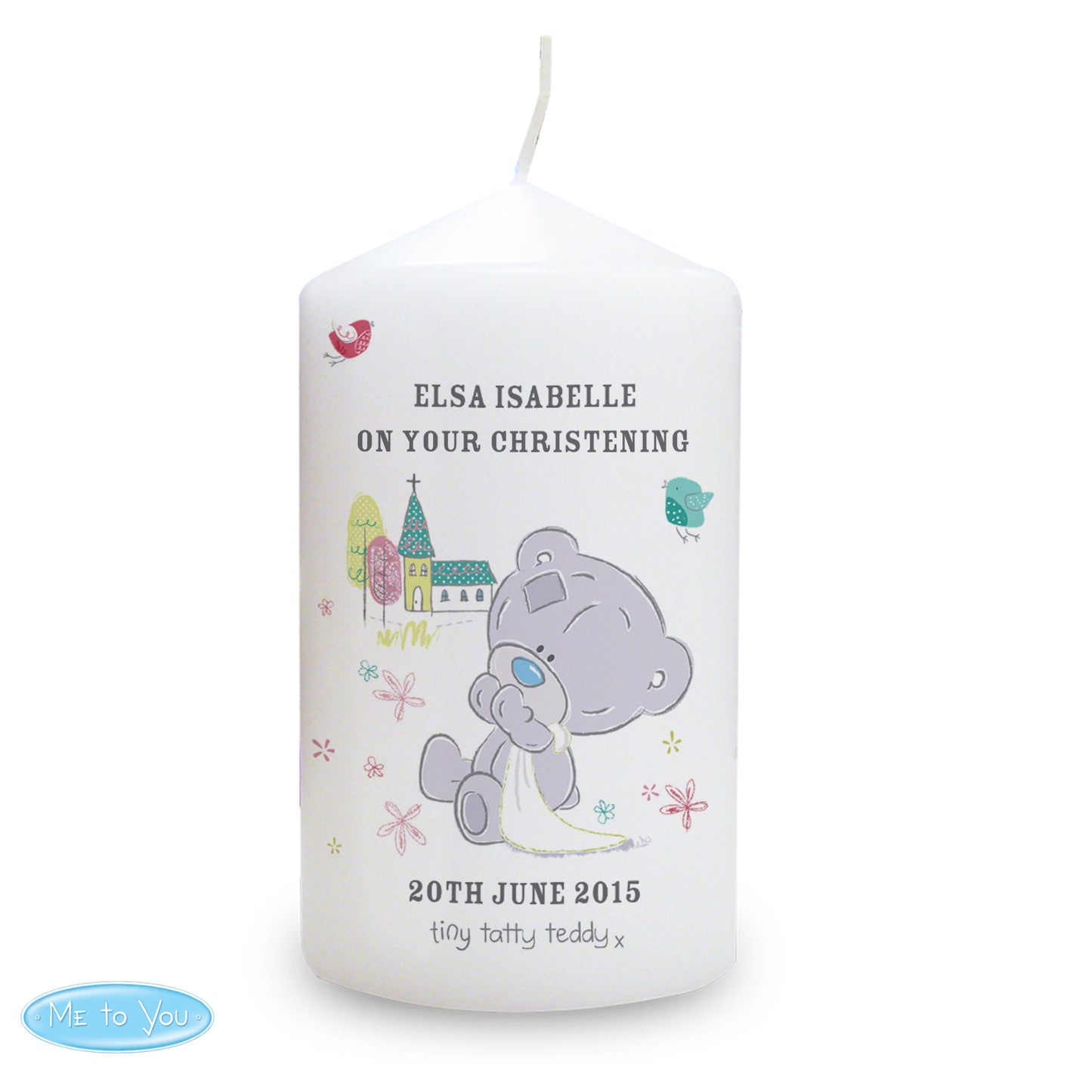 Personalised Tiny Tatty Teddy Christening Candle - Personalise It!