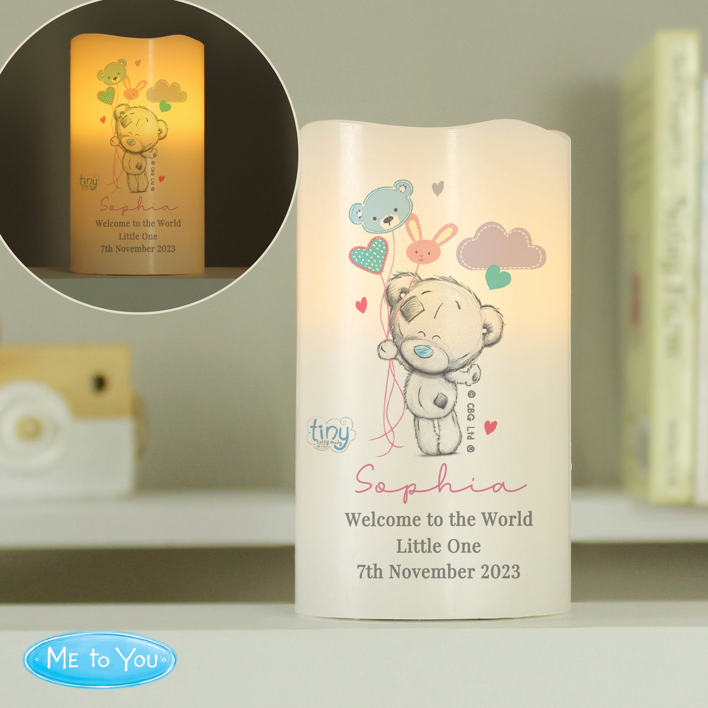 Personalised Tiny Tatty Teddy Dream Big Pink Nightlight LED Candle - Personalise It!