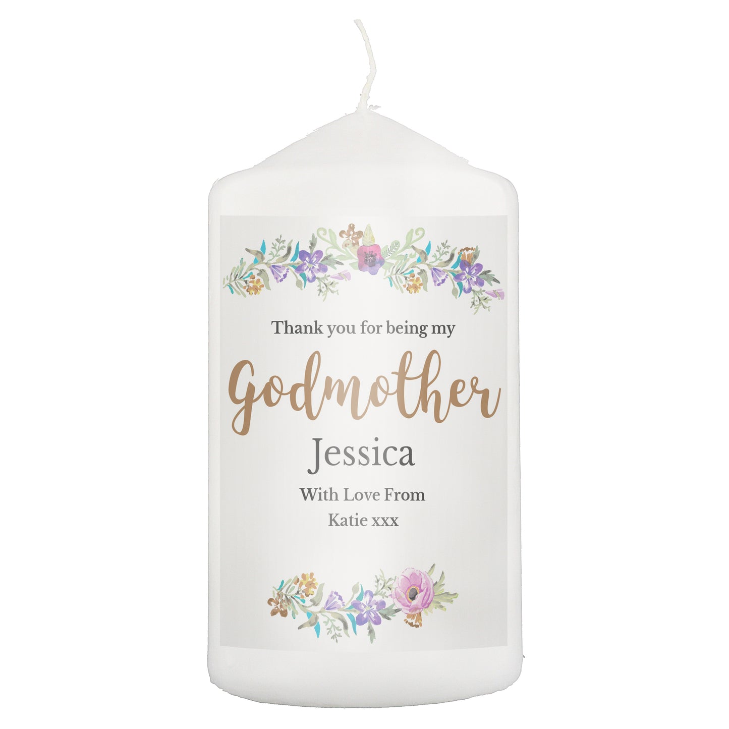 Personalised Godmother 'Floral Watercolour' Pillar Candle - Personalise It!