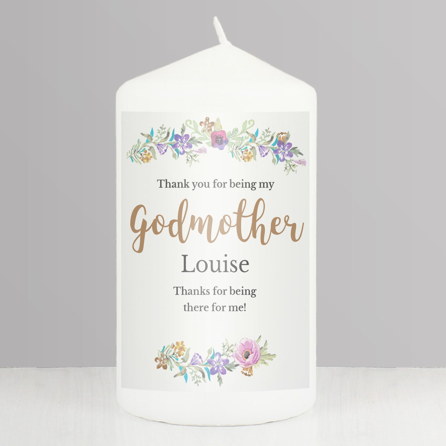 Personalised Godmother 'Floral Watercolour' Pillar Candle - Personalise It!