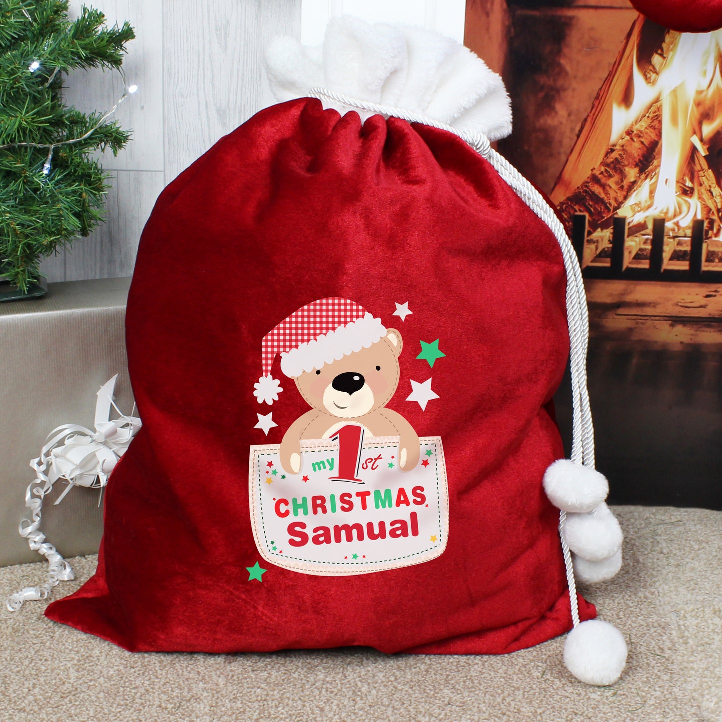 Personalised Pocket Teddy My 1st Christmas Luxury Pom Pom Red Sack - Personalise It!
