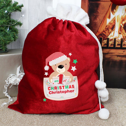 Personalised Pocket Teddy My 1st Christmas Luxury Pom Pom Red Sack - Personalise It!