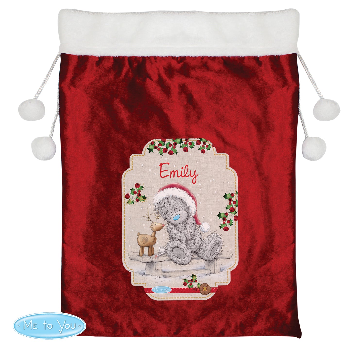 Personalised Me to You Reindeer Luxury Pom Pom Red Sack - Personalise It!