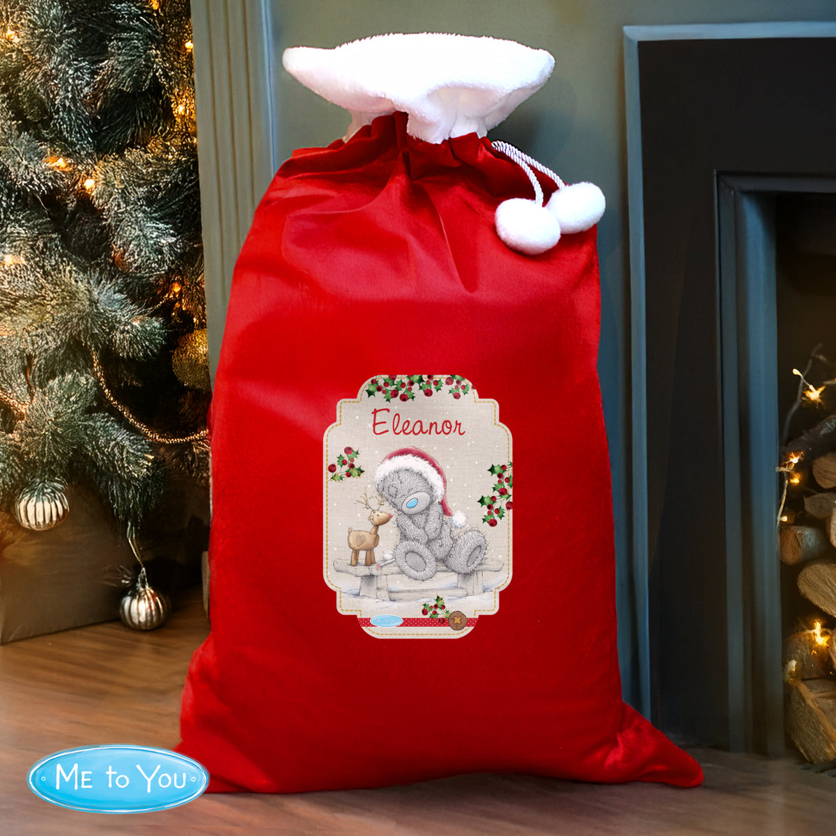 Personalised Me to You Reindeer Luxury Pom Pom Red Sack - Personalise It!