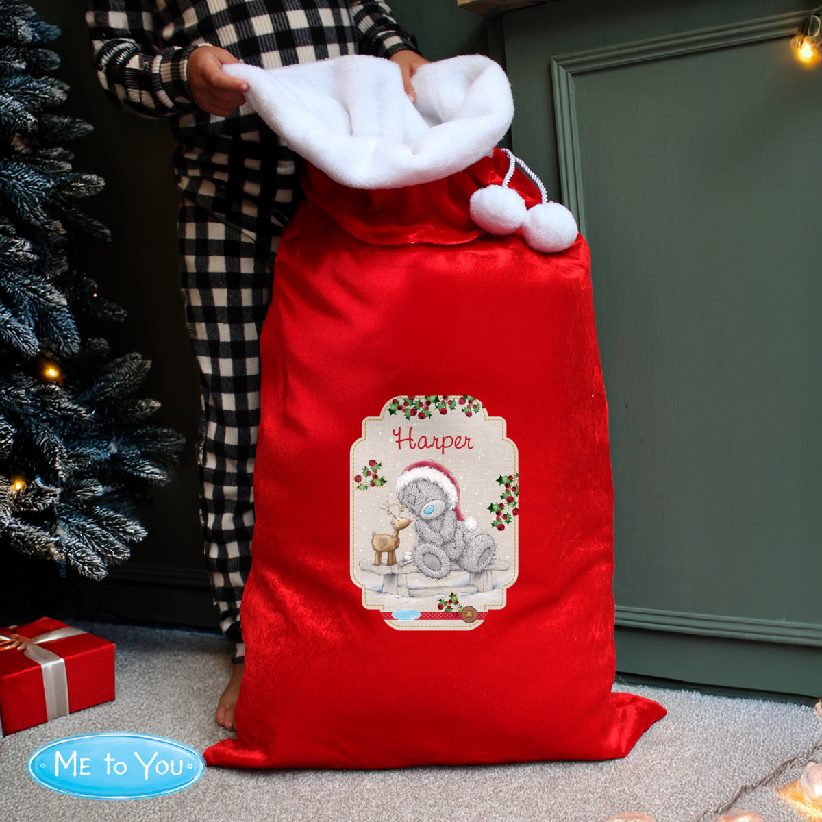 Personalised Me to You Reindeer Luxury Pom Pom Red Sack - Personalise It!