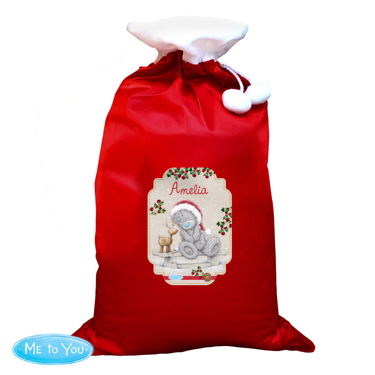 Personalised Me to You Reindeer Luxury Pom Pom Red Sack - Personalise It!