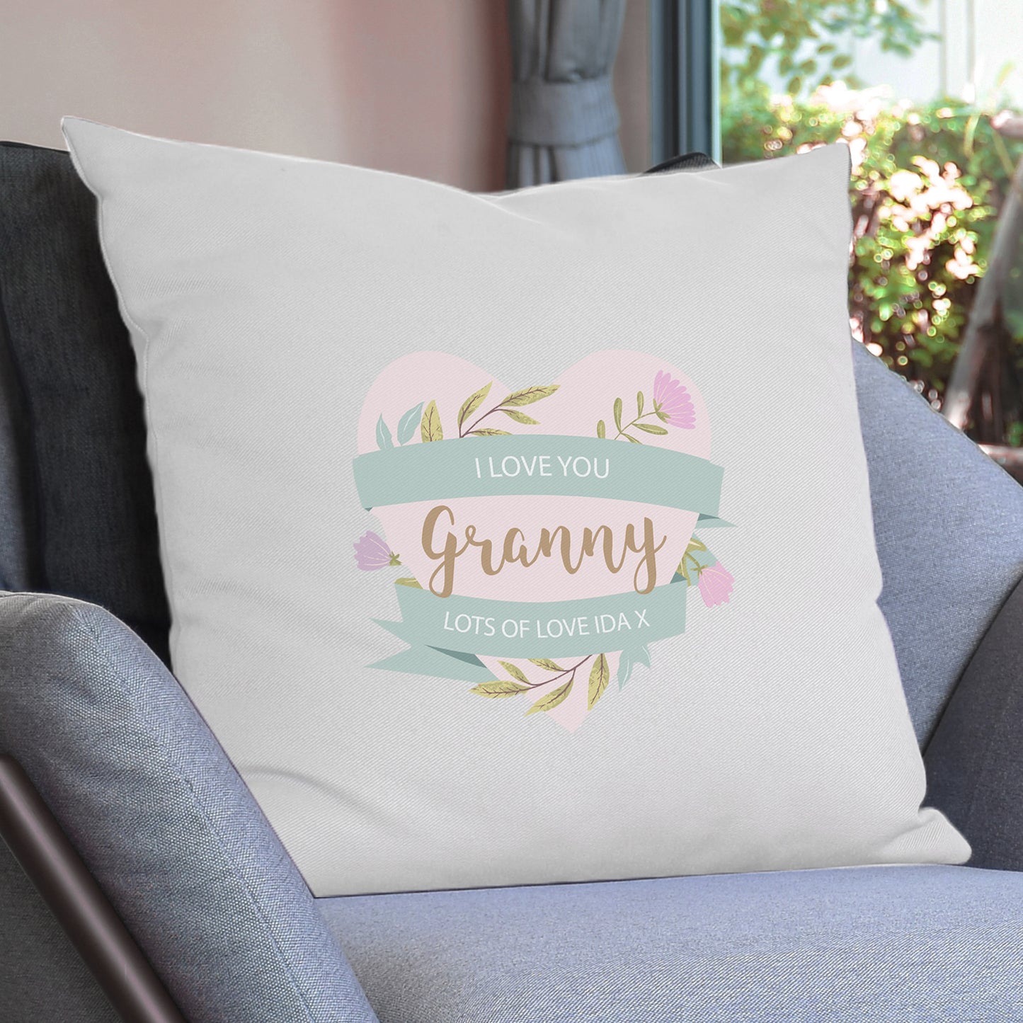 Personalised Floral Heart Mothers Day Cream Cushion Cover - Personalise It!
