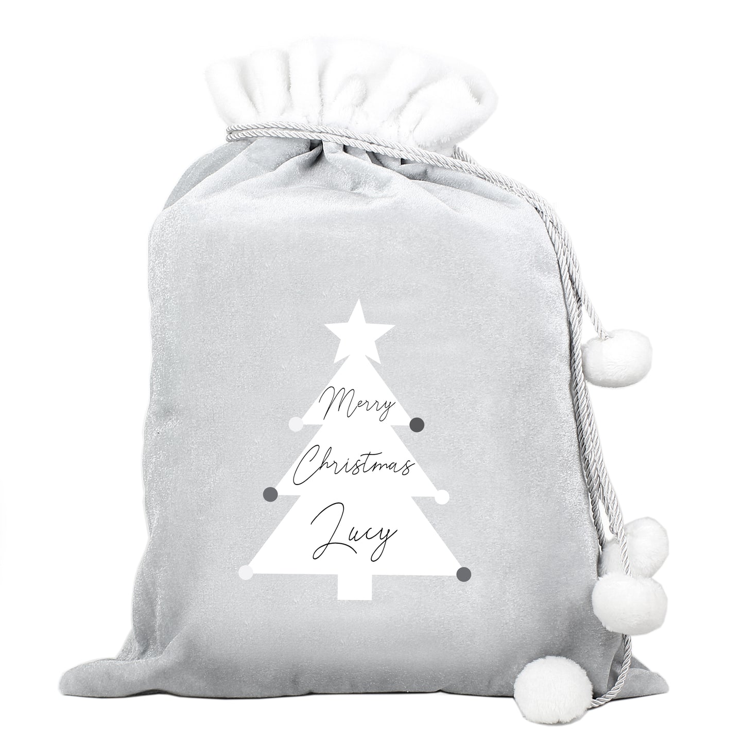 Personalised Christmas Tree Luxury Silver Grey Pom Pom Sack - Personalise It!