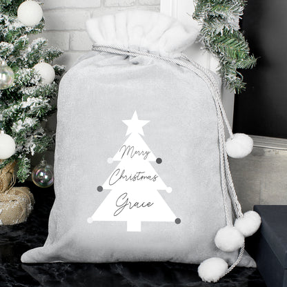 Personalised Christmas Tree Luxury Silver Grey Pom Pom Sack - Personalise It!