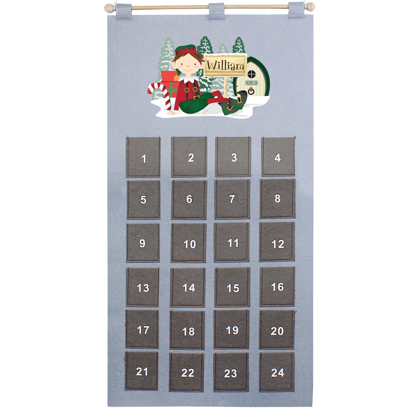 Personalised Elf Advent Calendar In Silver Grey - Personalise It!