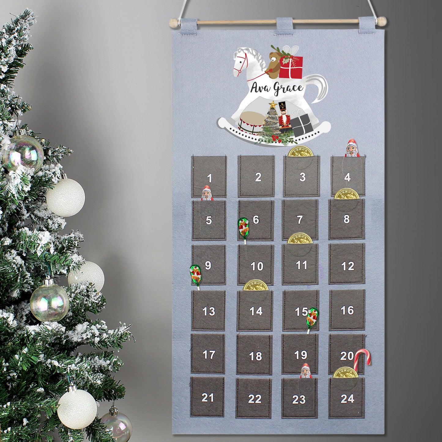 Personalised Rocking Horse Advent Calendar In Silver Grey - Personalise It!