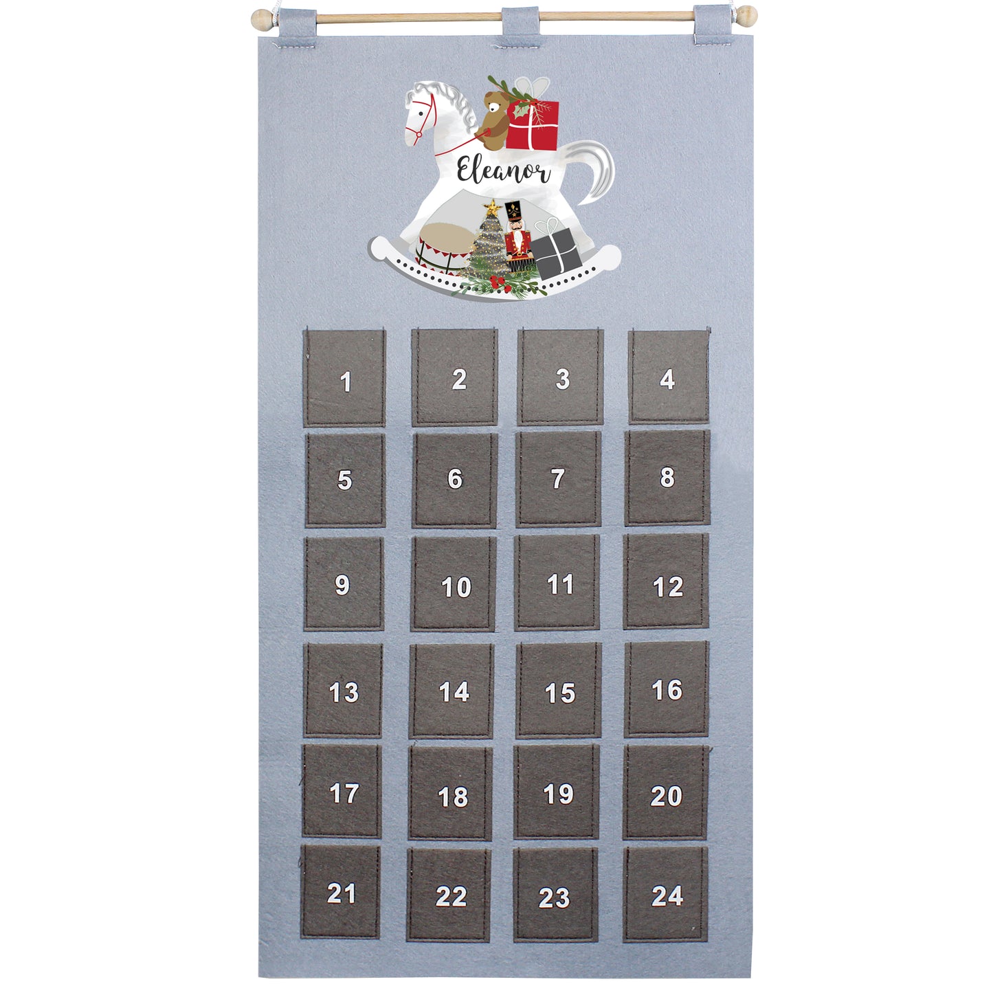 Personalised Rocking Horse Advent Calendar In Silver Grey - Personalise It!