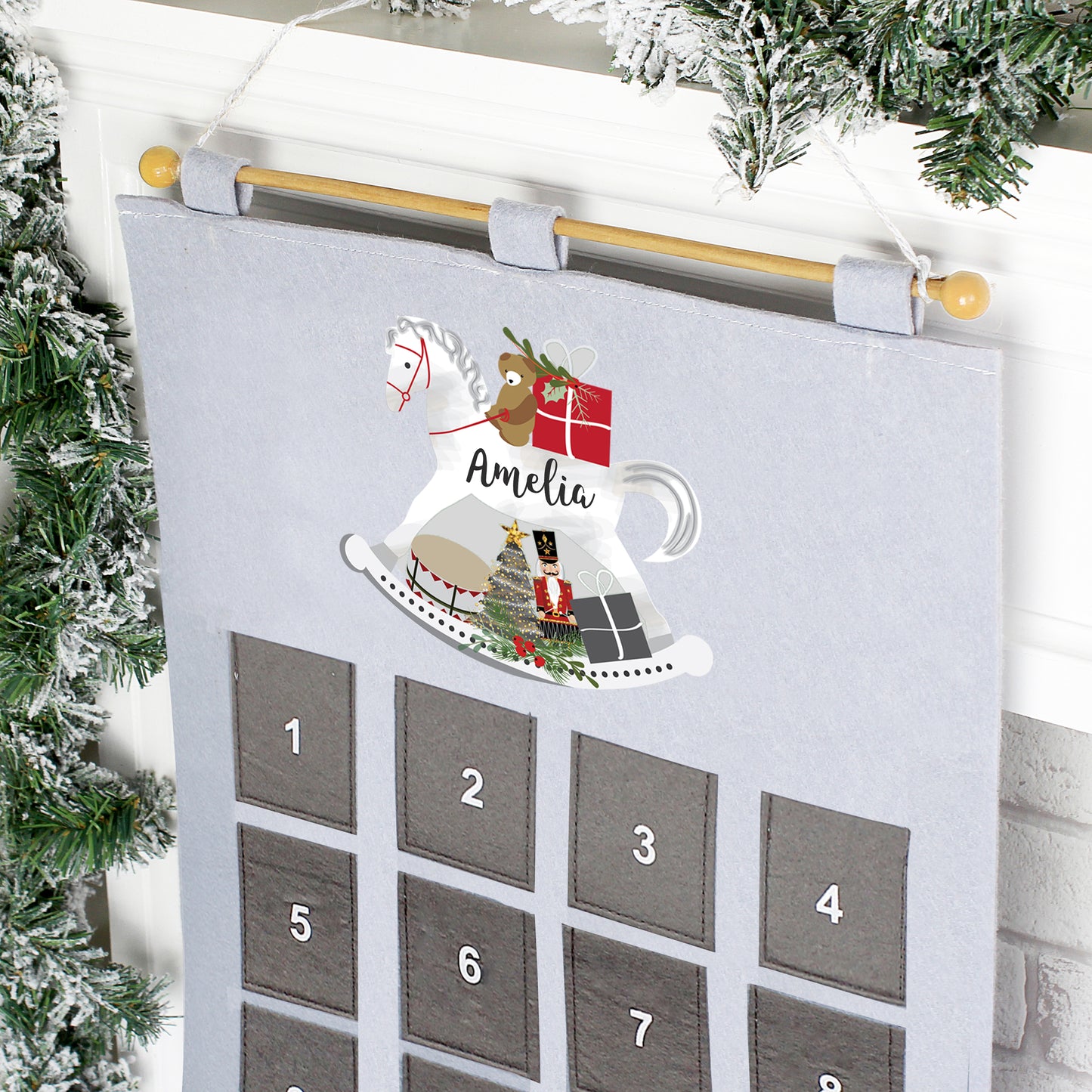 Personalised Rocking Horse Advent Calendar In Silver Grey - Personalise It!